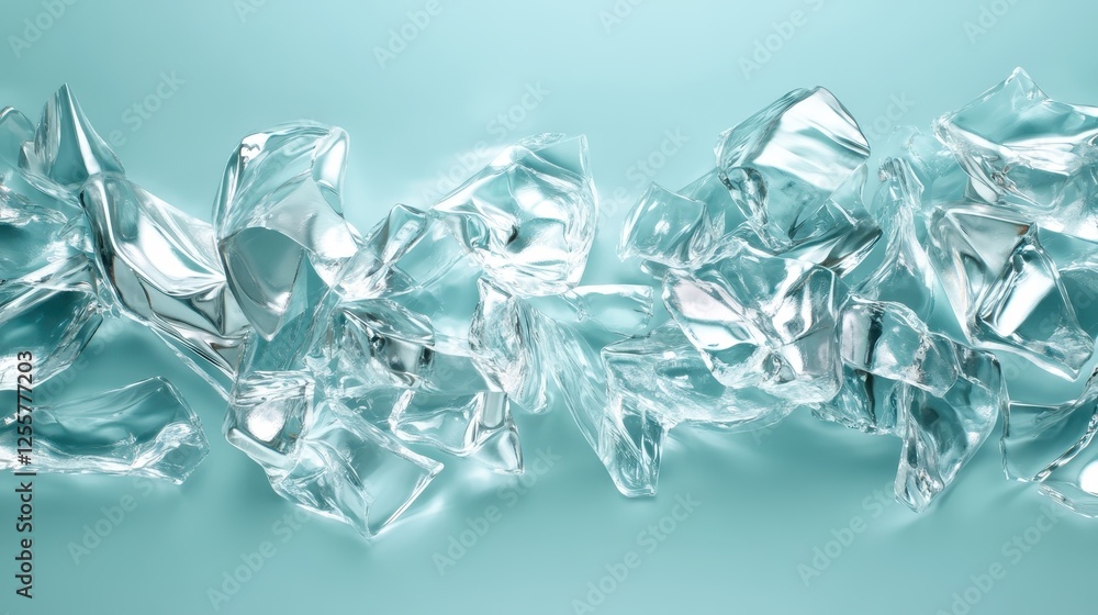 Poster the image showcases a dynamic arrangement of shattered ice blocks, reflecting light against a soft b