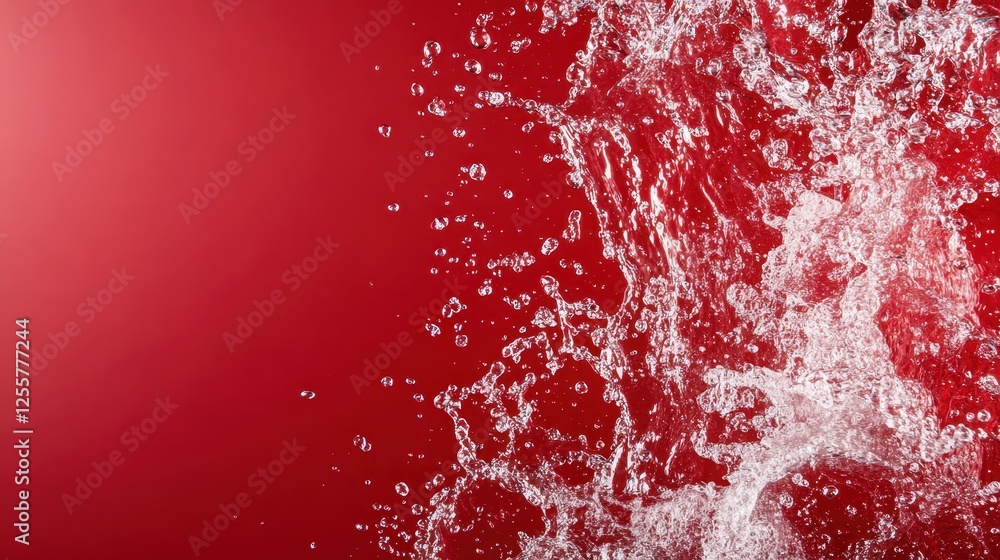 Poster a striking image capturing the dynamic splash of water against a vibrant red backdrop, expressing en