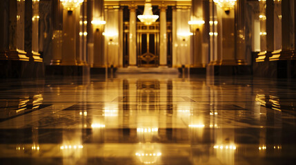 Luxurious Golden Marble Floor in Grand Hallway with Chandeliers and Columns