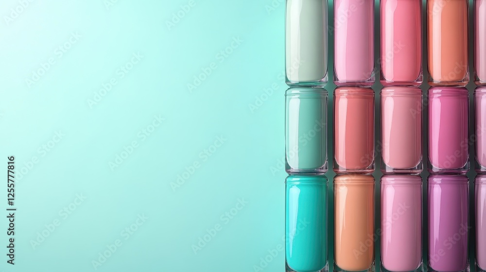 Poster the image showcases a vibrant assortment of paint bottles neatly arranged in pastel colors, creating