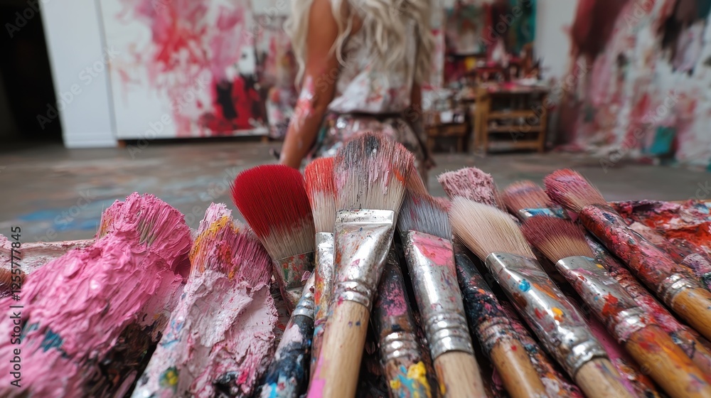Aufkleber this image captures an array of colorful brushes lined up in a creative art studio, illustrating the