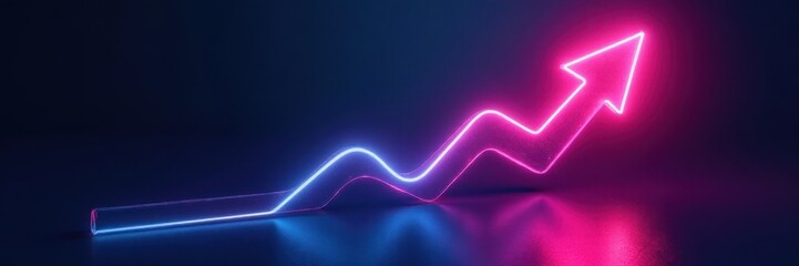 Neon arrow pointing up, glowing intensely in darkness , sign, upward, graphic