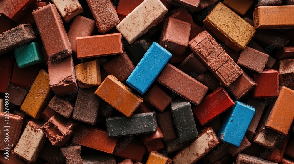 Poster an eye-catching collection of colorful clay blocks in various shapes and sizes, showcasing an artist
