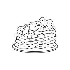 Stack of pancakes with strawberries and cream on a plate. Hand drawn clip art for your project.