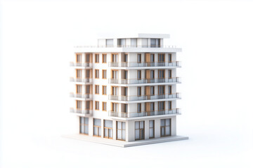 Selective focus miniature condominium building isolated on white background.