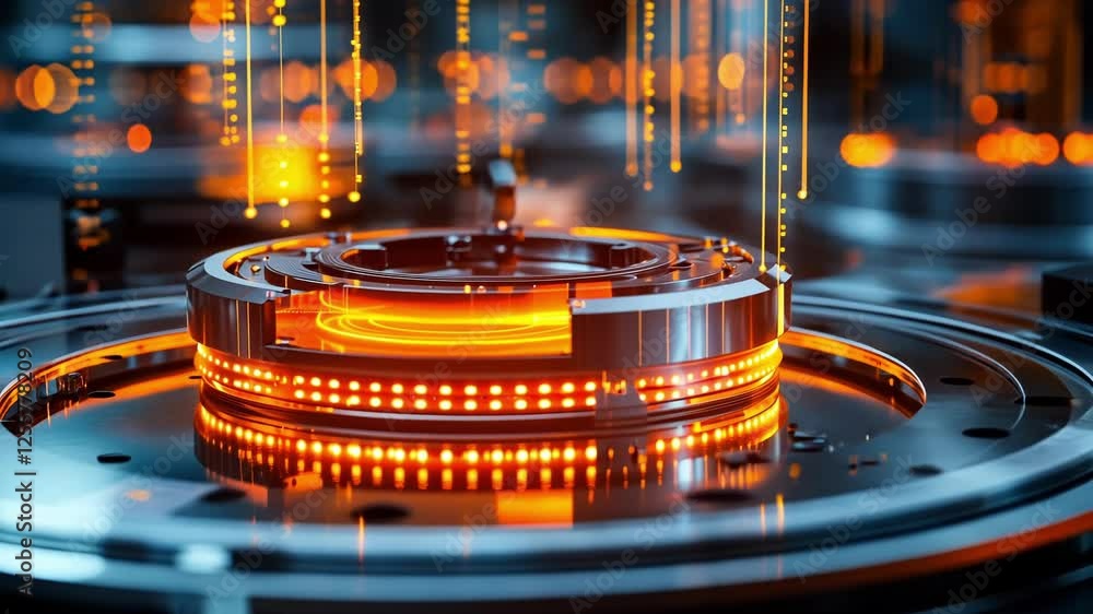 Aufkleber orange data streams flowing into futuristic quantum processor emitting bright light, suggesting adva