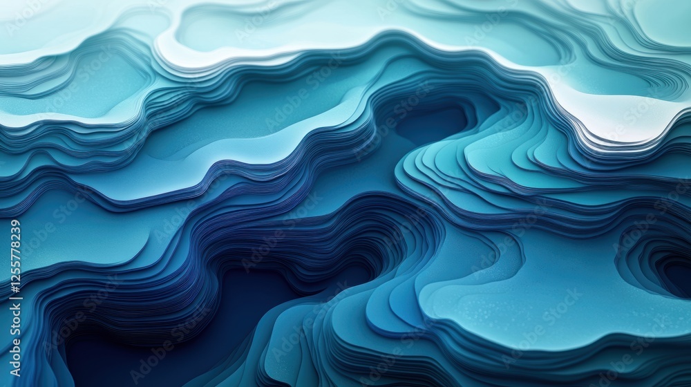 Wall mural abstract layered waves in shades of blue, creating a serene depth effect on a white background.