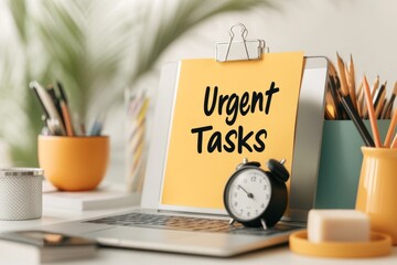A sticky note with &acirc;&euro;&oelig;Urgent Tasks&acirc;&euro; written in bold letters, stuck to a laptop
