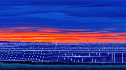 Vast Solar Panel Field Under Vibrant Sunset with Colorful Sky in Scenic Landscape