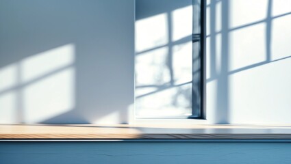 Fototapeta premium Empty table top for product presentation with wall in background and light from window