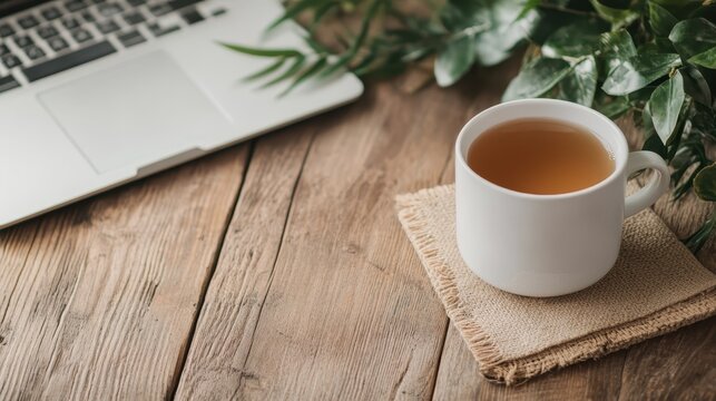 A cozy setup featuring a warm cup of tea placed next to a laptop on a rustic wooden table, inviting a sense of comfort and relaxation while working or studying.