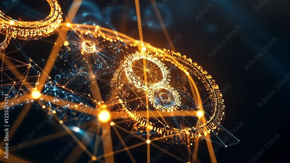 Poster complex mechanism with futuristic glowing gears rotating and network of connections spreading across