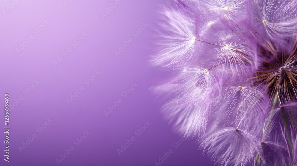 Poster a delicate image of purple dandelion seeds drifting, surrounded by a soft gradient background that e