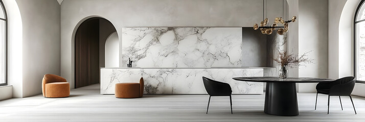 Modern Minimalist Interior Design Marble Kitchen Dining Area with Stylish Armchairs