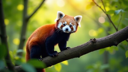 Red panda perched on a sun-drenched branch, lush forest background, green, image, Asia