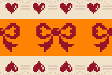 Pixel art floral and geometric pattern with decorative borders in orange and yellow tones on beige background. Ideal for fabric and wallpaper designs.