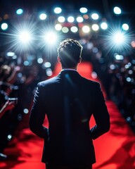 Silhouette of a man on the red carpet surrounded by photographers and bright camera flashes at a glamorous event
