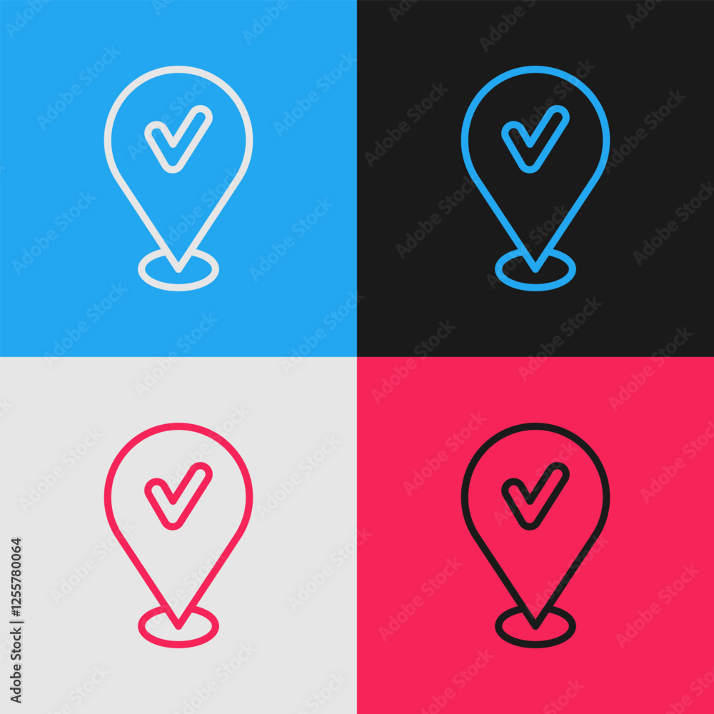 Poster pop art line map pin with check mark icon isolated on color background. navigation, pointer, locatio