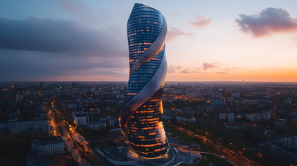 A dramatic aerial view of a futuristic skyscraper with a unique spiral design surrounded by city lights reflecting on its glass façade.