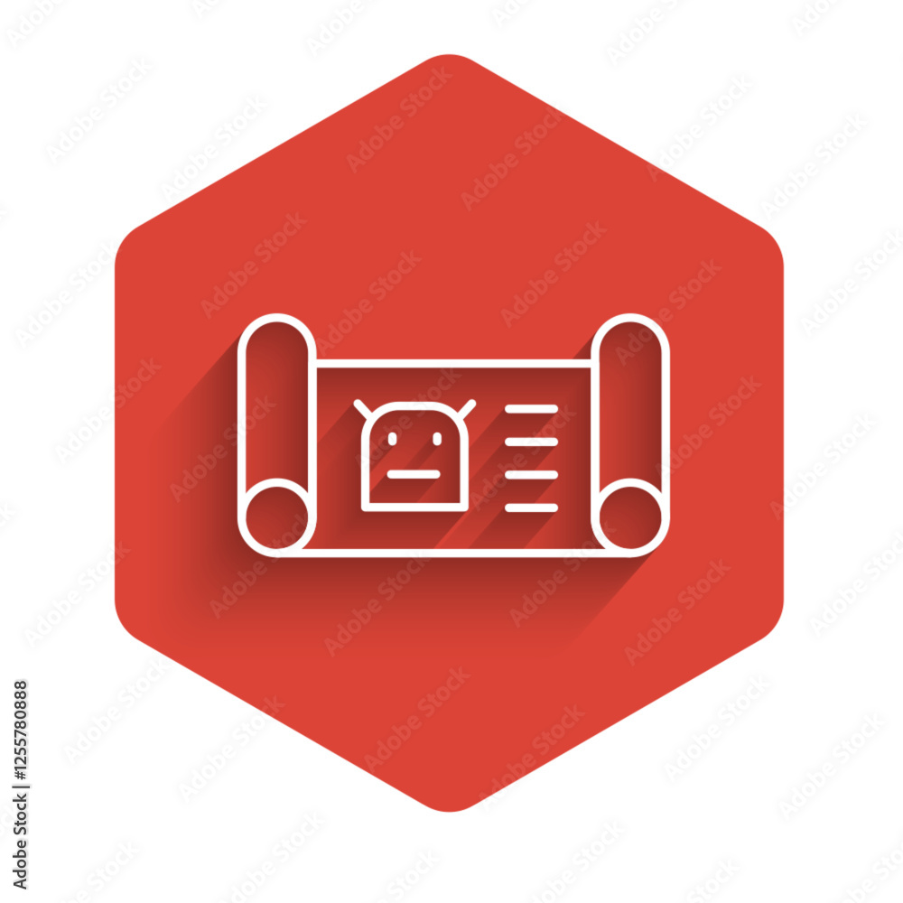 Poster white line robot blueprint icon isolated with long shadow. red hexagon button. vector