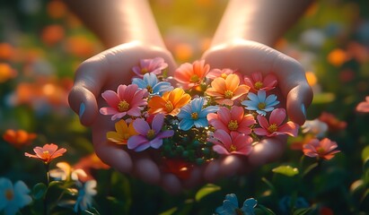 Hands Gently Holding a Vibrant Bouquet in a Blooming Garden