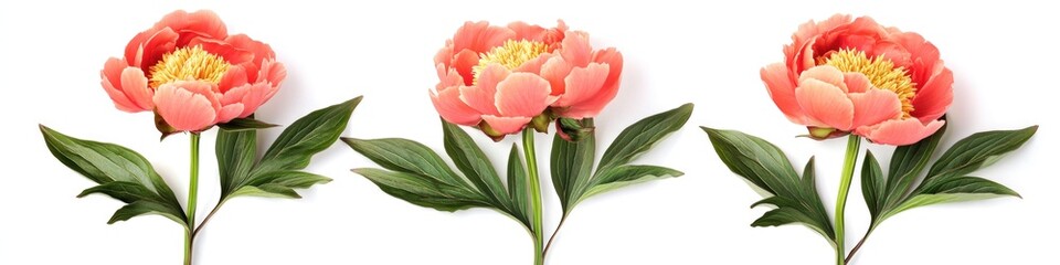 Obraz premium Fresh pink flowers with green leaves on a white surface
