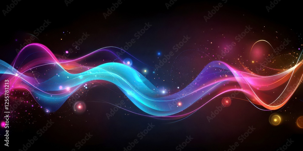 Poster colorful light waves on dark background with abstract sparkles and bokeh effects for dynamic and cap
