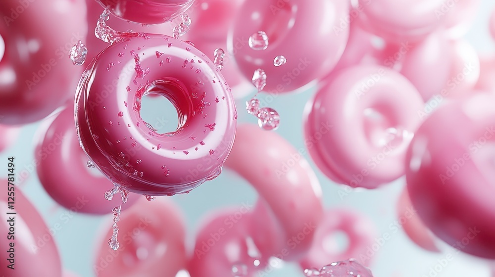 Poster an abstract representation of a pink donut seemingly floating in a liquid environment, highlighting 