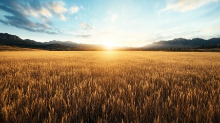 Obraz premium A breathtaking panorama of golden fields stretching toward the horizon as the sun sets, capturing the beauty of nature and the tranquility of rural life.