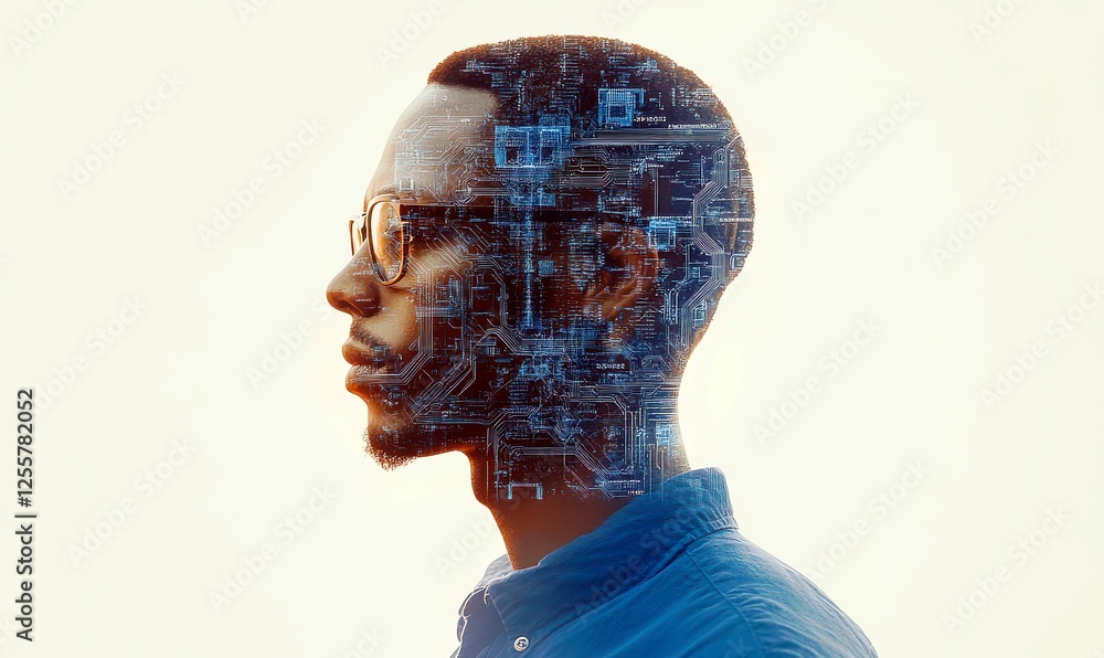 Poster portrait of a man with a digital circuit pattern overlay representing technology, artificial intelli