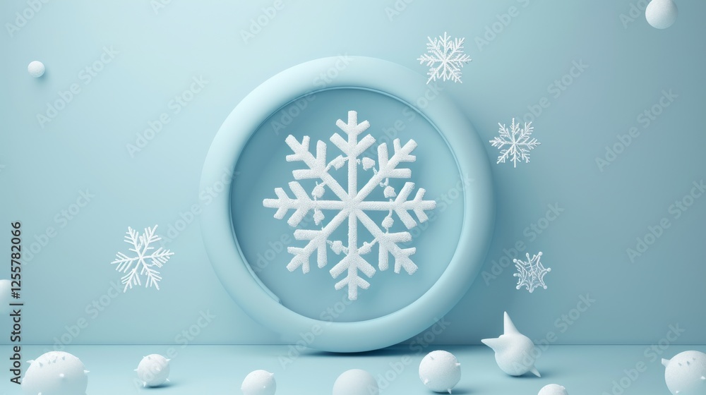 Poster a 3d rendering of a white snowflake surrounded by a circular frame and scattered winter-inspired sha