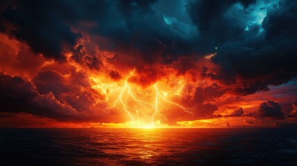 Dramatic Sunset Over Ocean with Lightning and Dark Storm Clouds