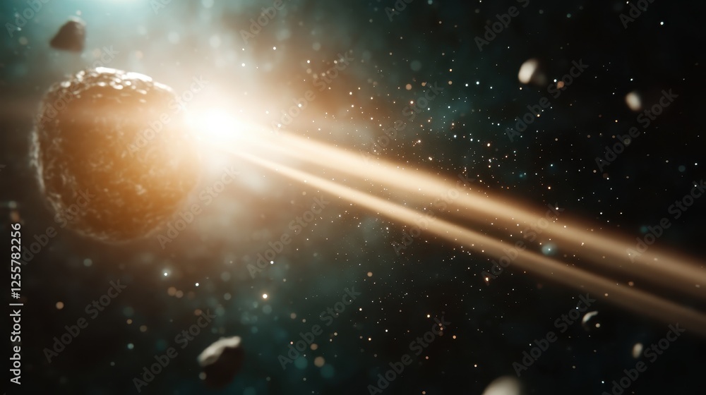 Poster an imaginative depiction of an asteroid explosion in space with light beams piercing through darknes