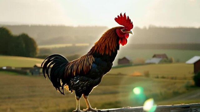 A rooster stands on a fence in a field. The rooster is black and red. The field is green and the sky is blue