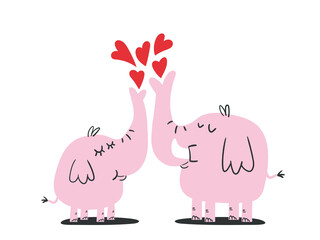 Cute pink Elephants couple in love. Valentines Day greeting card. Vector cartoon illustration isolated on white background.