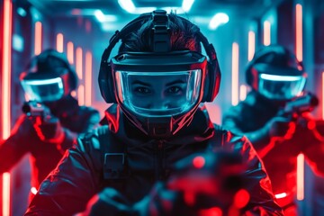 A virtual reality gamer experiencing an advanced hyper-realistic simulation