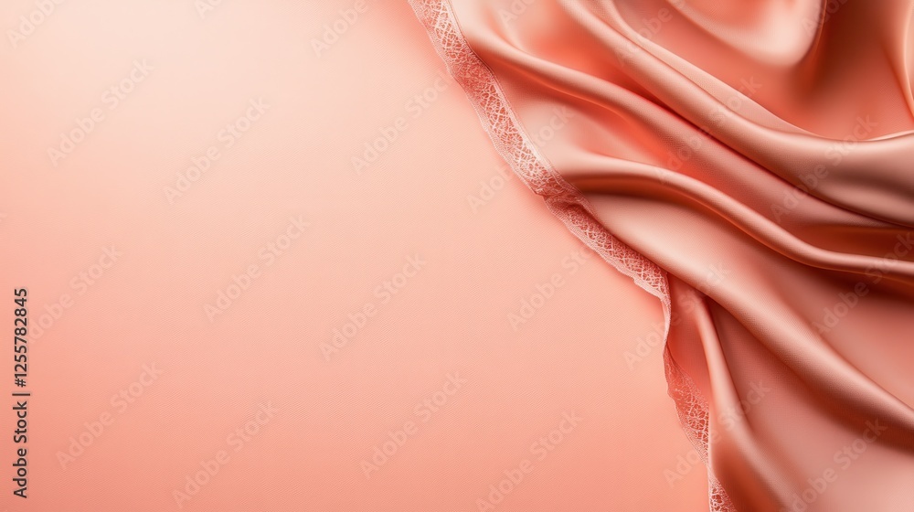 Poster luxurious coral fabric cascades on a soft peach surface, blending warmth and vibrancy into a harmoni