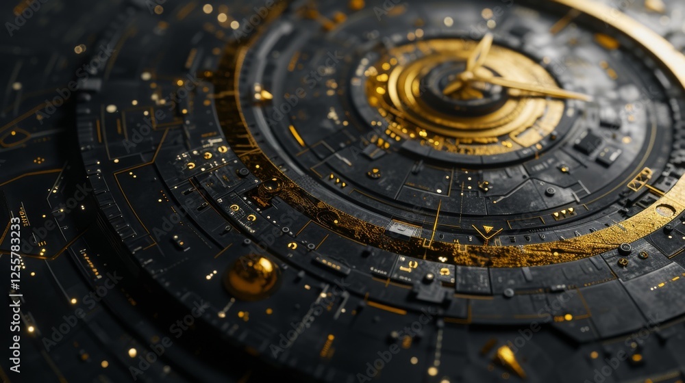 Poster intricate black and gold abstract design featuring layered circular patterns, evoking a futuristic a