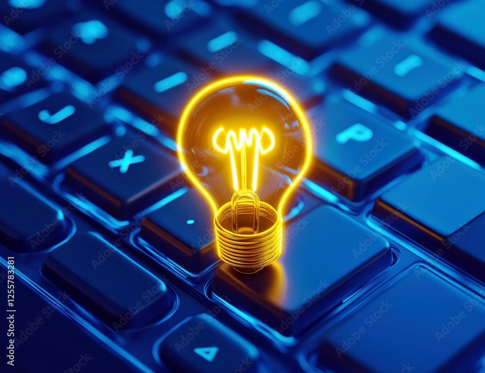 Poster bright neon light bulb symbolizing ideas and innovation on a modern computer keyboard with blue back