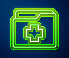 Glowing neon line Medical clipboard with clinical record icon isolated on blue background. Prescription, medical check marks report. Vector