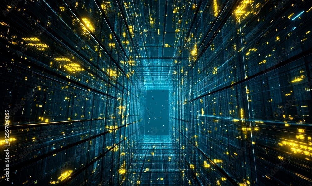 Aufkleber abstract digital tunnel with glowing neon lights and grid pattern