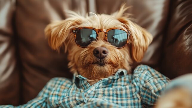A relaxed dog, exuding cool vibes with sunglasses on, perfectly reclined on a cozy couch, embodying leisure and tranquility while inviting a smile from onlookers.