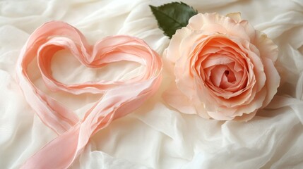 Peach Rose and Pink Ribbon Heart on White Lace