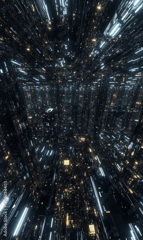 Poster abstract light streaks and particles exploding outwards from center, ideal for digital art or sci-fi