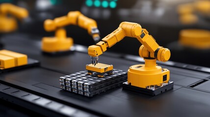 Fototapeta premium Supply Chain Security concept. Industrial robots assembling packages in a modern factory setting.