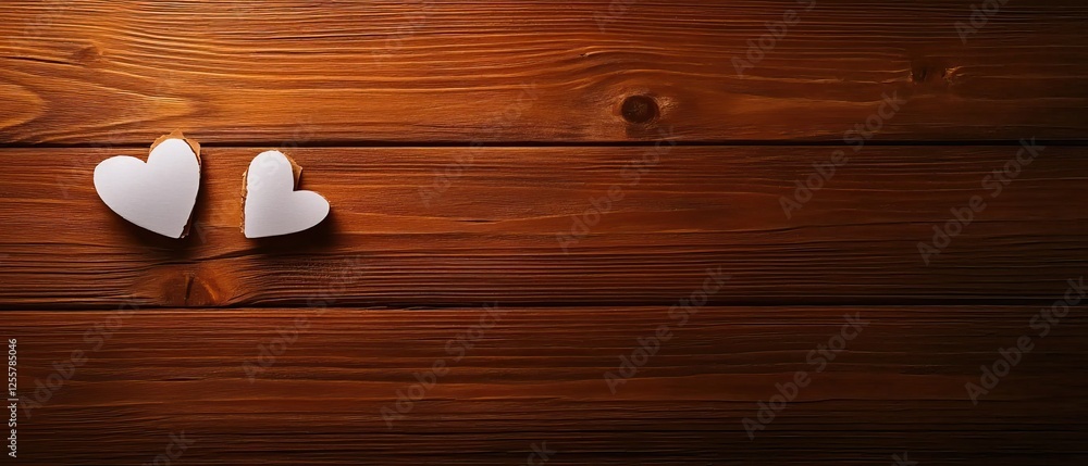 Poster two white heart shapes resting on a rustic wooden surface, creating a warm and romantic atmosphere.