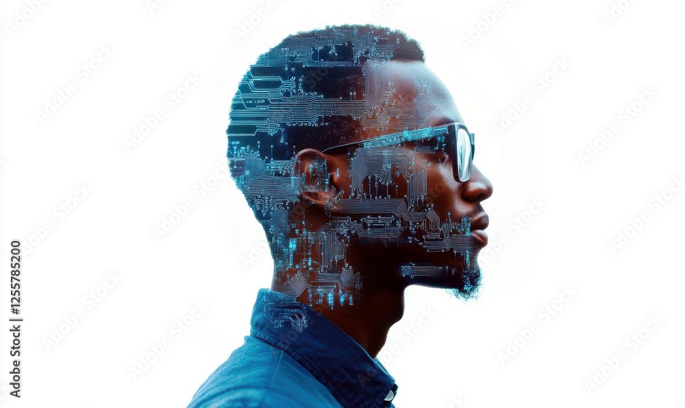 Poster profile of a thoughtful man with a futuristic digital overlay of technology circuits and data, symbo