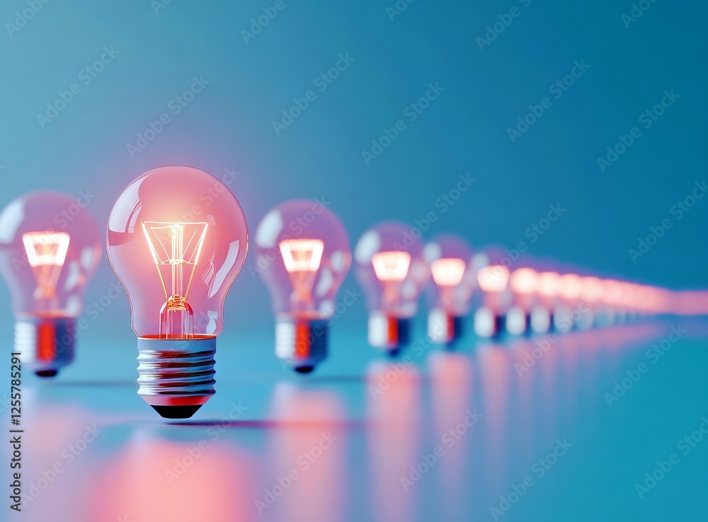 Poster row of glowing light bulbs on a reflective surface with soft blue background and warm illuminated fi