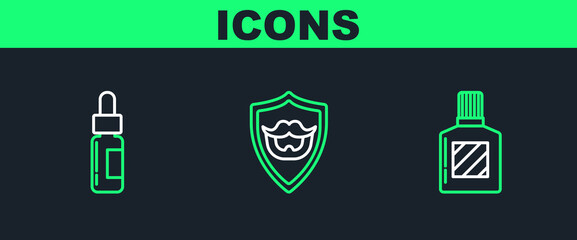 Set line Aftershave, Glass bottle with pipette and Mustache and beard on shield icon. Vector