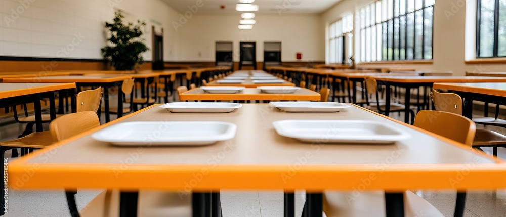 Poster a spacious dining hall featuring rows of tables with empty plates, bathed in natural light from larg